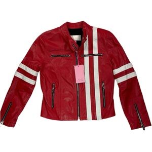 THE MIGHTY COMPANY $1,200 Red Racer Lamb Leather Jacket Small S NWT Red White